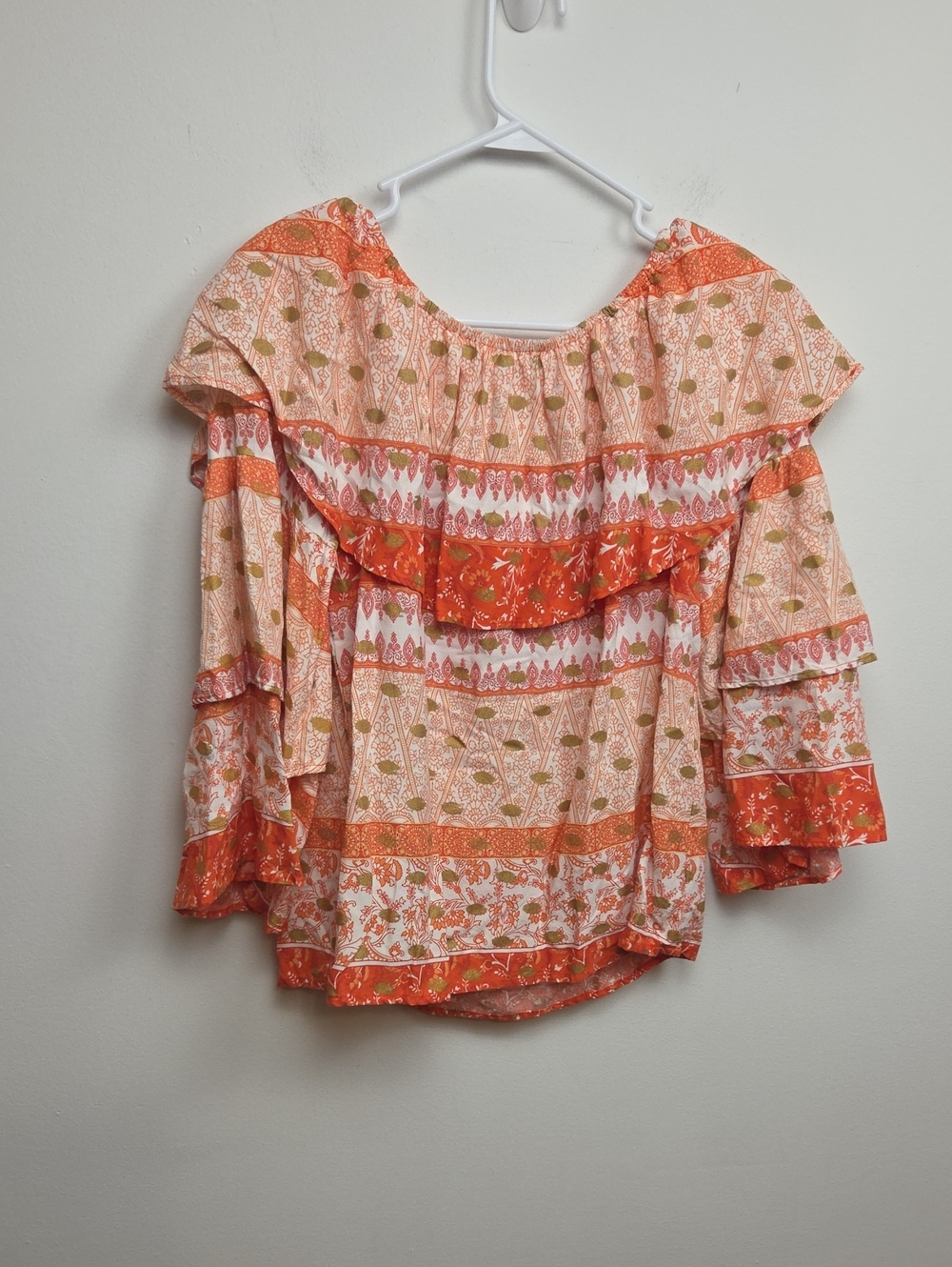 Boho Floral Paisley Off Shoulder Ruffle Blouse Coral Orange Peasant Top Medium - Picture 7 of 10